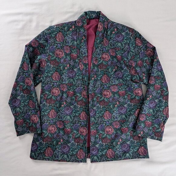 VTG Tapestry Dark Roses Floral All Over Print Green Purple Blazer Jacket - Picture 1 of 5